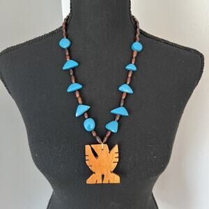Vintage Wooden Handmade Necklace Thunderbird Made In Mexico Boho Hippie Festival
